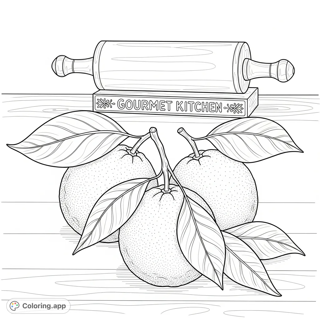 A detailed citrus fruits coloring page featuring three textured fruits, broad leaves, and a "Gourmet Kitchen" stand, perfect for a relaxing creative session.