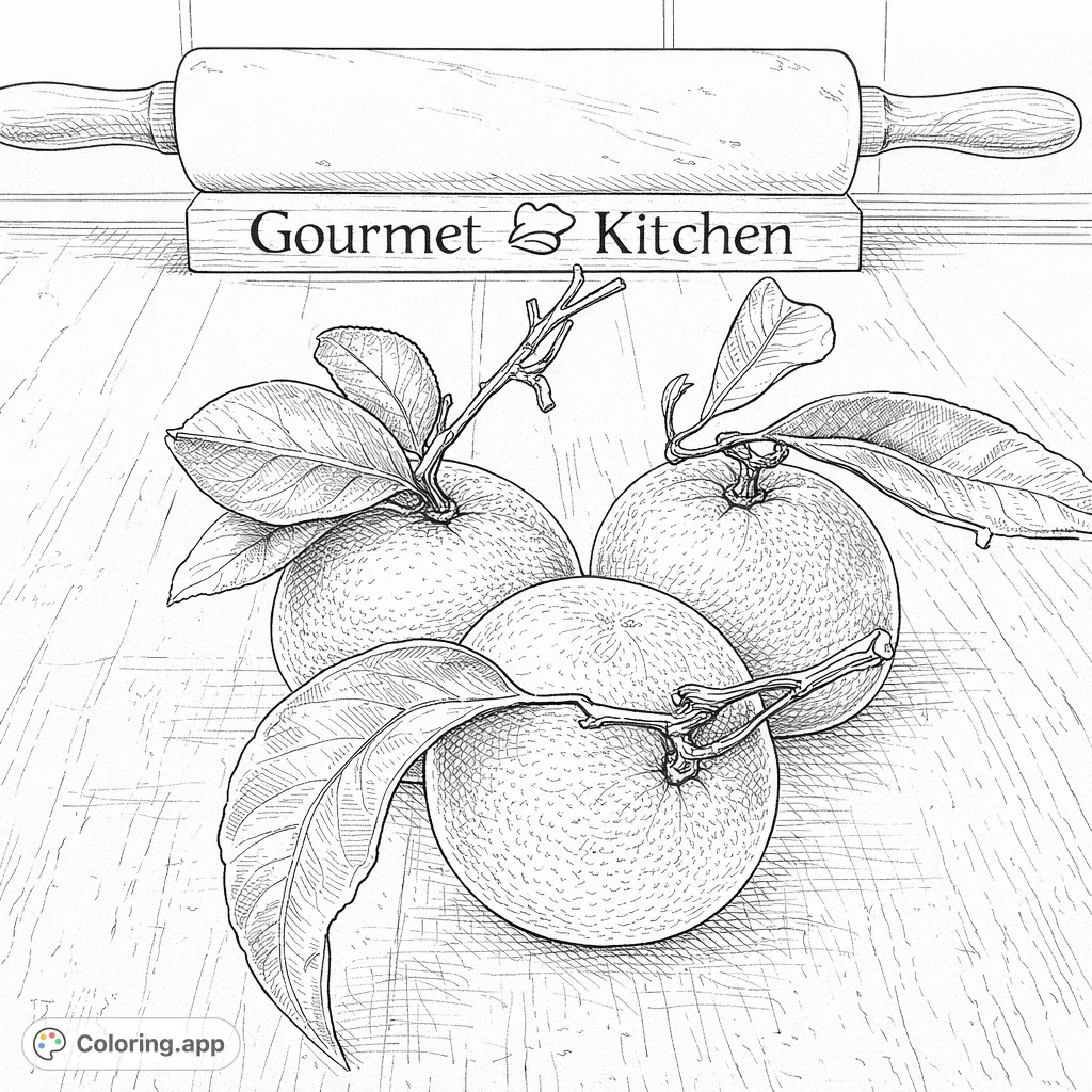 A realistic tangerines coloring page featuring three detailed fruits with leaves, a classic rolling pin, and a 'Gourmet Kitchen' stand on a wooden counter.