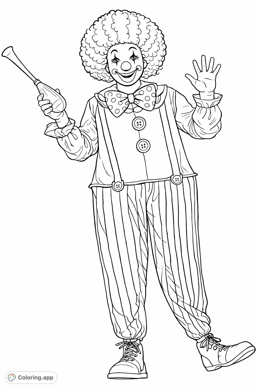 A cheerful clown with a fluffy wig, face paint, a polka-dot bow, suspenders, and striped pants, holding a party horn. Perfect for creative fun!