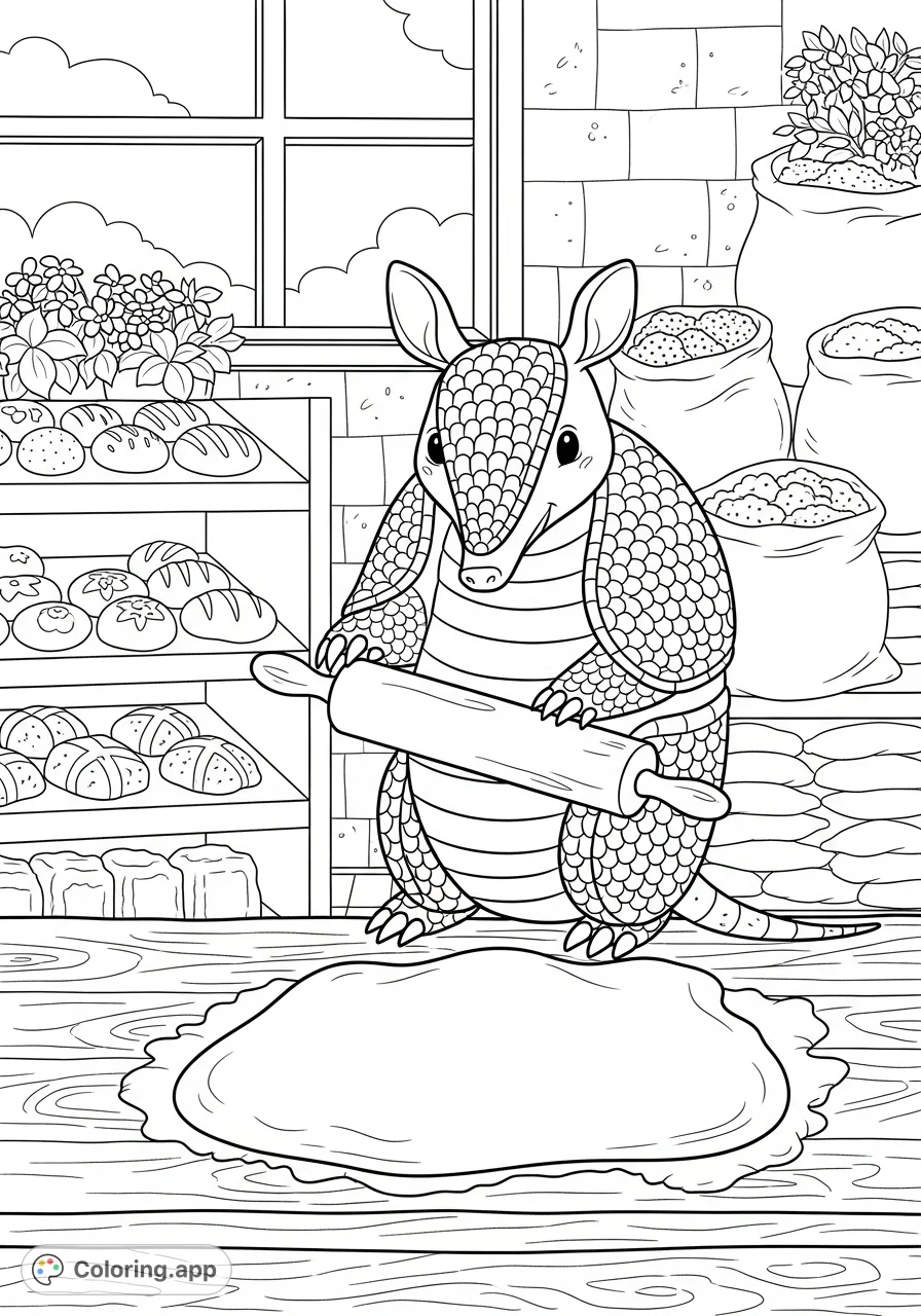 A delightful armadillo bakes up fun, rolling dough with a smile in a cozy bakery scene, perfect for an adorable and engaging coloring adventure.
