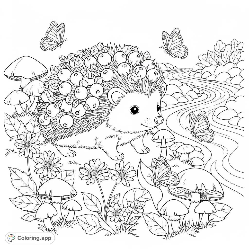 Discover a charming hedgehog adorned with berries, amidst a whimsical forest floor teeming with detailed flowers, varied mushrooms, and graceful butterflies by a flowing stream.