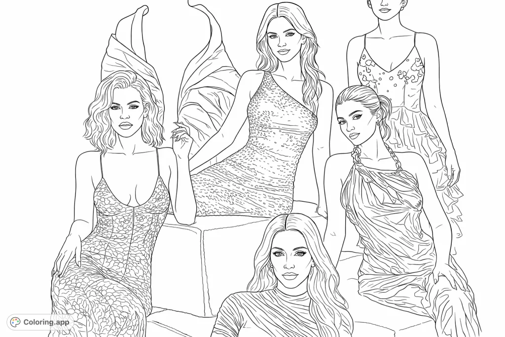 A captivating glamour coloring page featuring five fashion icons in elegant poses and intricate outfits. Unleash your creativity on this chic scene!