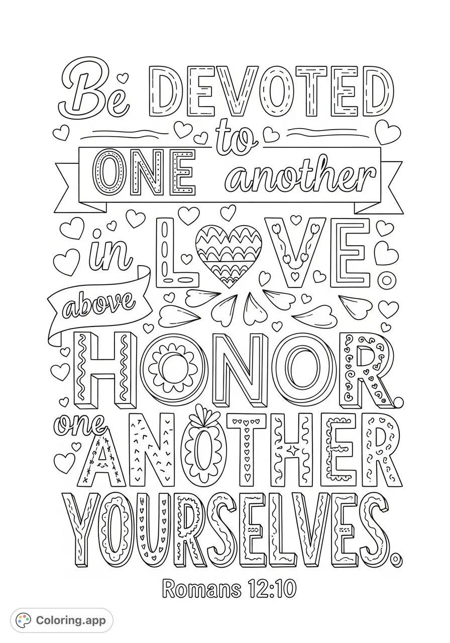 An intricate scripture verse coloring page featuring unique typography, decorative elements, patterned hearts, and banners. A beautiful devotional activity.