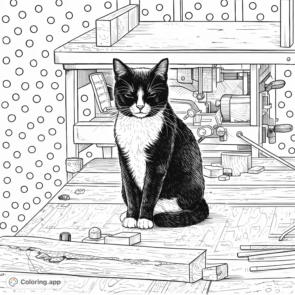 A charming, realistic cat playfully explores a busy workshop, surrounded by tools and wood scraps, with a whimsical polka dot background. A unique coloring page.