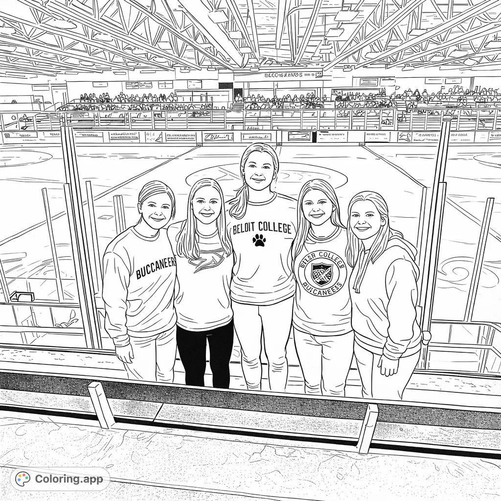 Five cheerful friends pose at a bustling ice arena, ready to enjoy the game. This dynamic scene captures friendship and sports, offering a fun coloring experience.