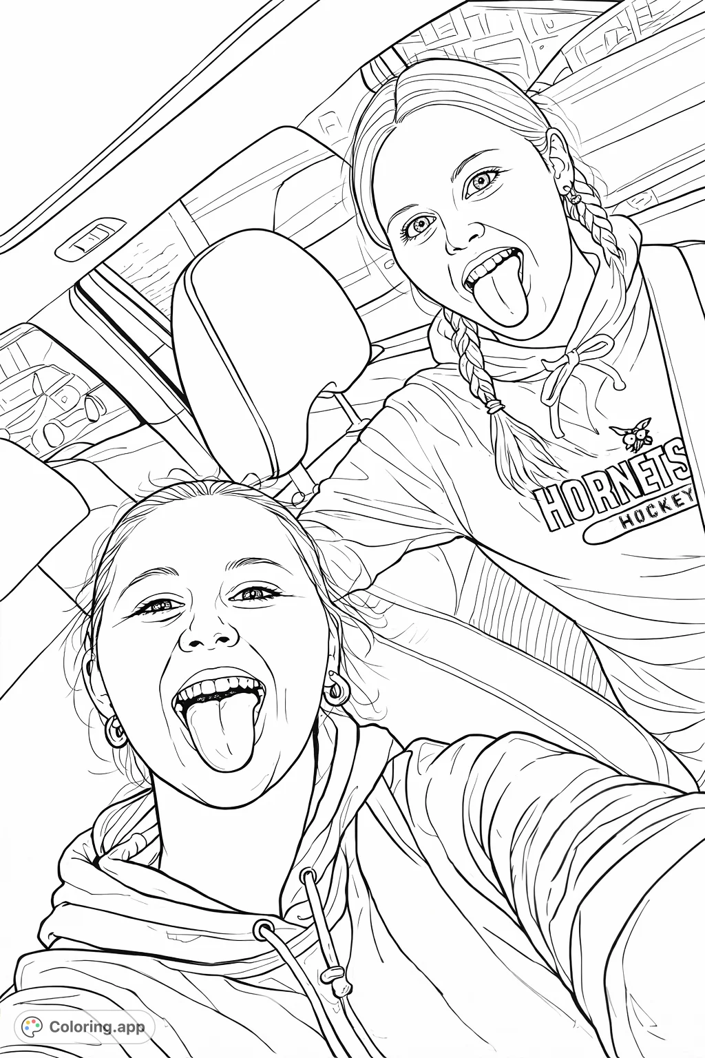Capture a fun moment with two friends in a car, sticking out their tongues playfully. A dynamic and expressive scene perfect for creative coloring.
