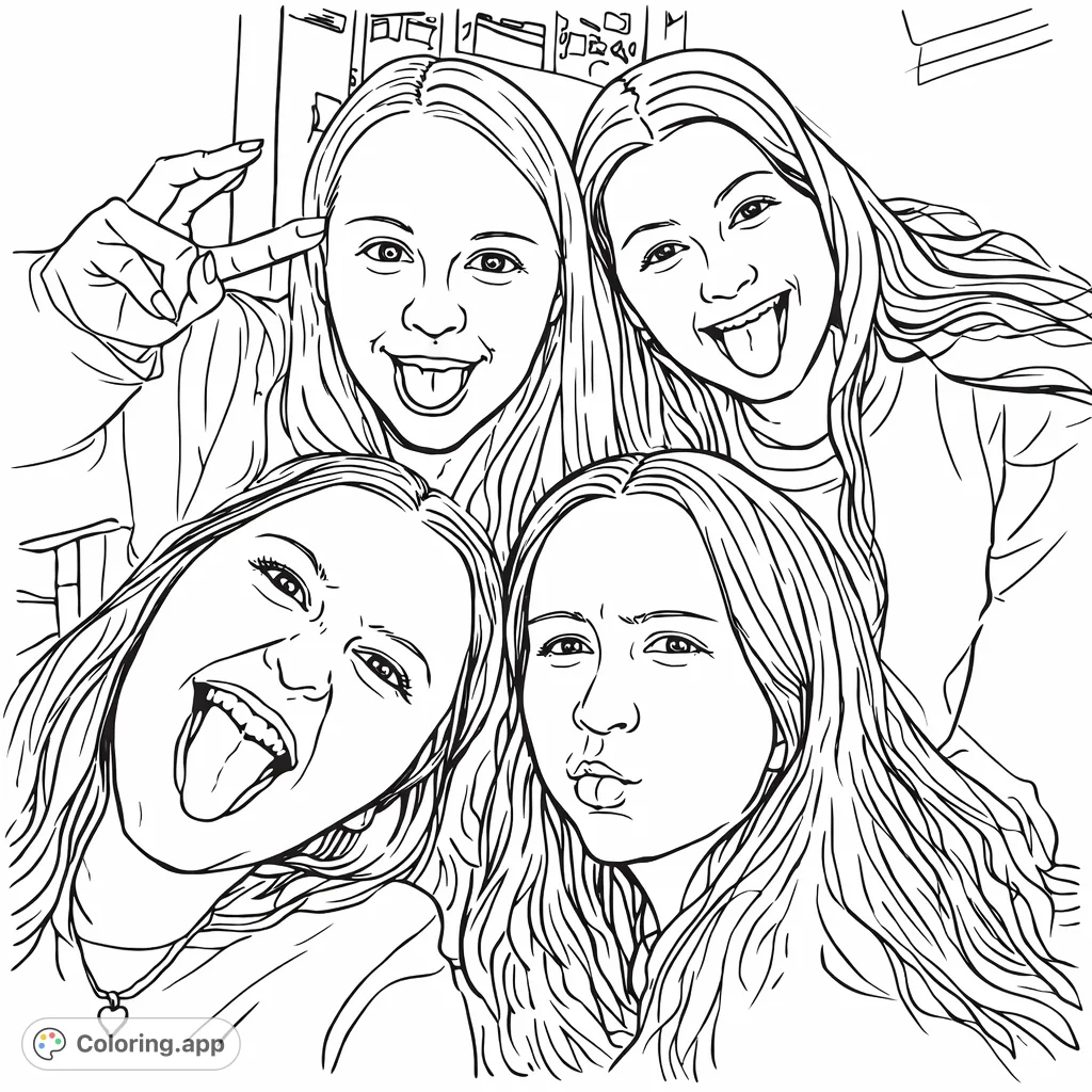 Capture the fun and expressive faces of four friends making playful gestures. A delightful scene for creative coloring and expressing unique personalities.