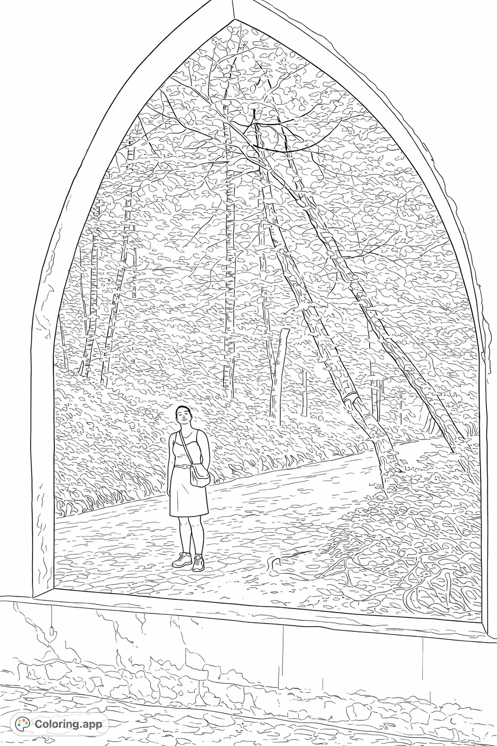 Explore a serene forest path framed by an ancient archway, featuring a person enjoying the peaceful natural surroundings. Perfect for nature lovers.