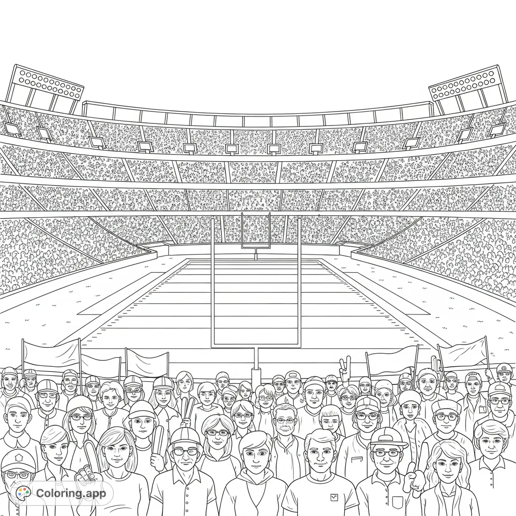 Capture the electrifying atmosphere of a packed football stadium. Features detailed fans in the foreground and a vast field, perfect for sports enthusiasts.