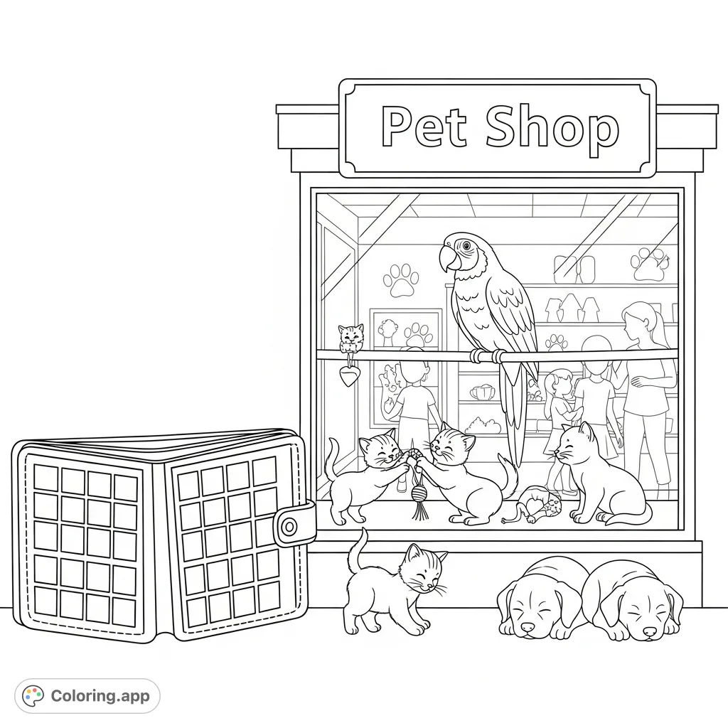 Discover a bustling pet shop with a window full of adorable kittens, puppies, and a parrot, plus a unique giant wallet element. A delightful pet shop coloring page!