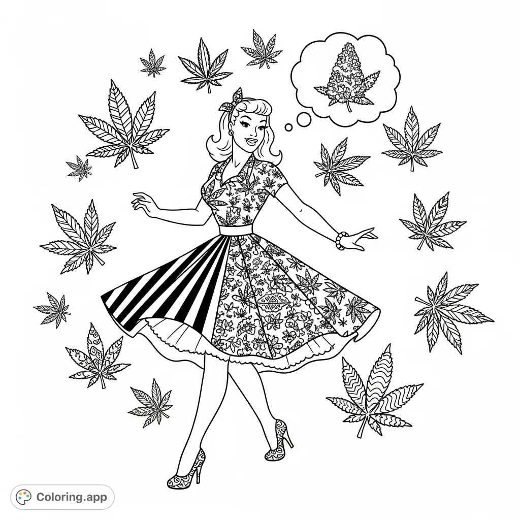 A dynamic 50s pinup character adorned with patterned cannabis motifs, surrounded by stylized leaves and a whimsical thought bubble. A unique coloring page.