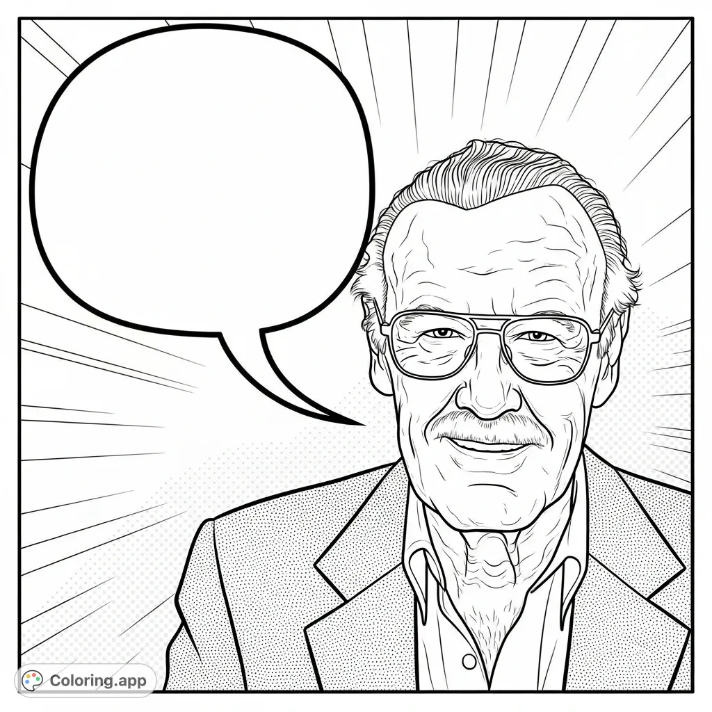 Celebrate the legendary Stan Lee in this comic-style coloring page featuring a talking head portrait and a speech bubble ready for his iconic quotes.
