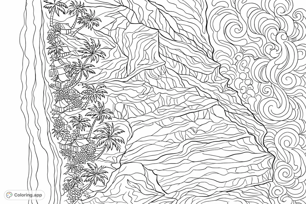 Explore a vibrant tropical coastline coloring page with crashing waves, sandy beaches, swaying palm trees, and majestic cliffs.