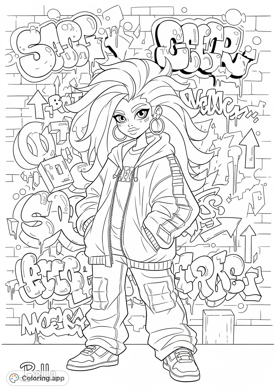 Dynamic graffiti Bella portrait, featuring a stylish figure amidst an urban wall with bold tags and abstract shapes. Perfect for urban art enthusiasts.