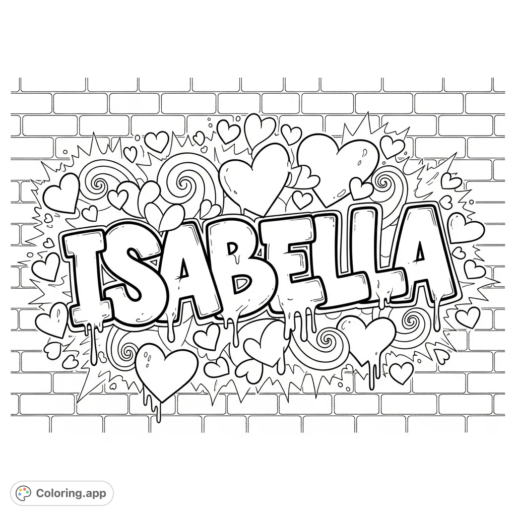 A dynamic graffiti piece spelling 'Isabella' adorned with playful hearts and urban elements on a brick wall. A fun, free printable coloring page.