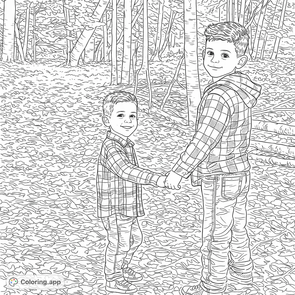 Capture the joy of two brothers exploring a beautiful forest path covered in fallen leaves. A heartwarming scene perfect for family-themed coloring.