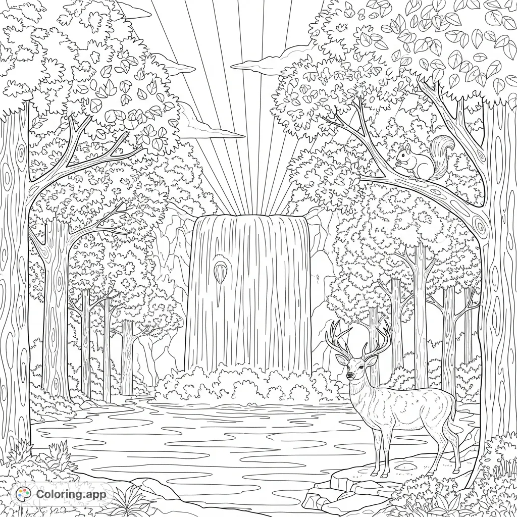 A serene nature scene featuring a majestic waterfall, diverse trees, and peaceful wildlife like a deer and squirrel, all under a luminous sky.