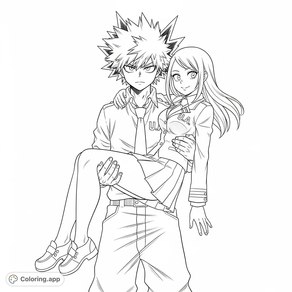 A dynamic My Hero Academia coloring page featuring Bakugo with spiky hair and sharp eyes, holding a fellow student in her U.A. uniform.