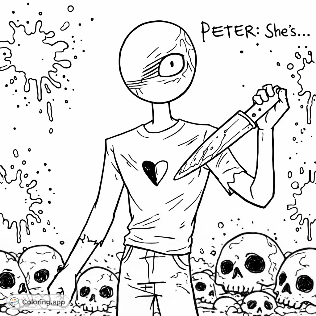 Dramatic scene: stylized figure, knife, broken heart, splatters. A hand-drawn sketch appearance for a unique, unsettling coloring experience.