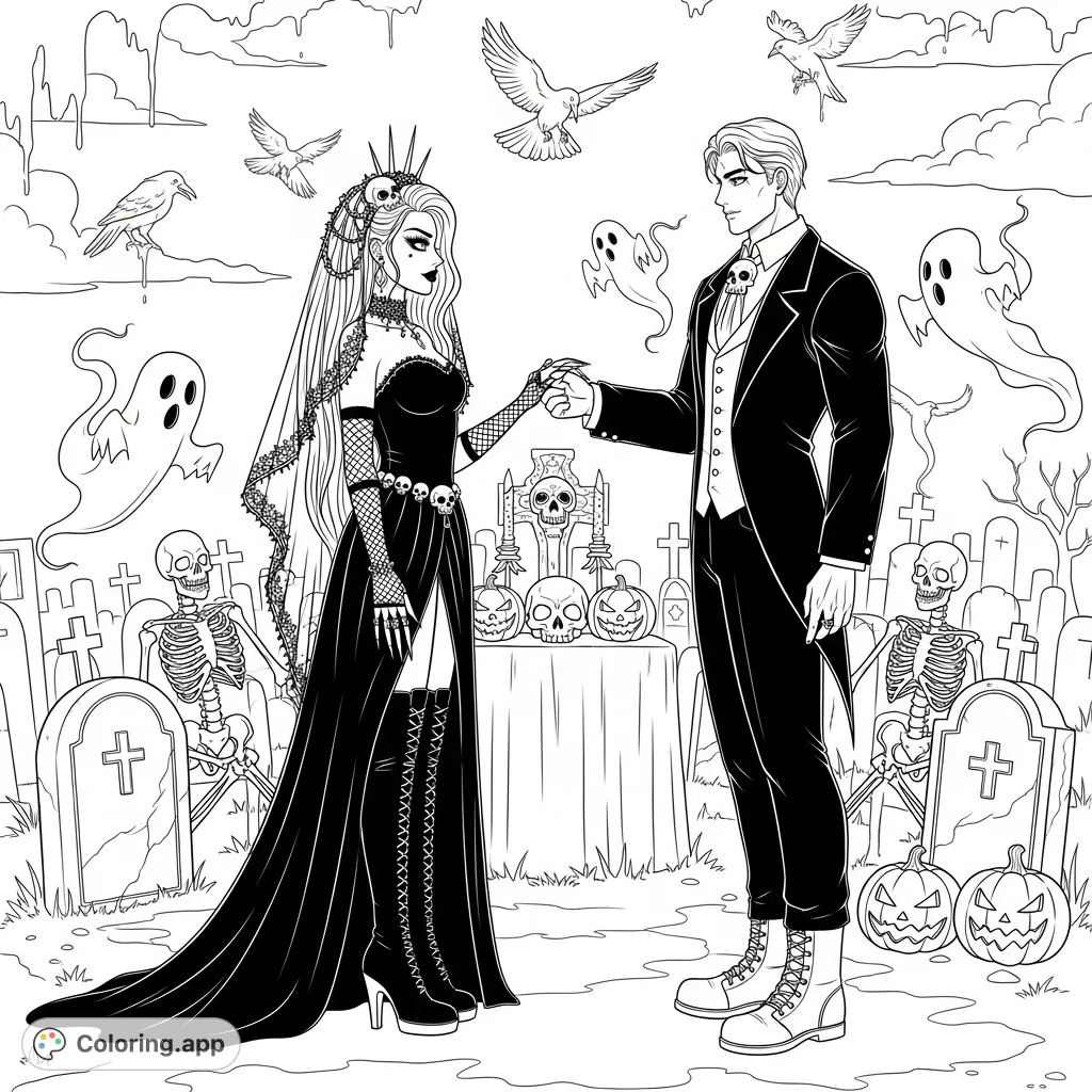 An enchanting goth wedding coloring page featuring a bride in black and a muscular Grim Reaper groom in a detailed graveyard with skeletons and ghosts.