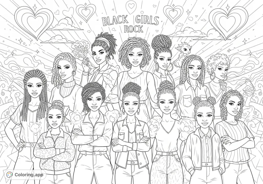 Celebrate strength and unity with this Black Girls Rock coloring page. Features confident Black girls and young women with diverse hairstyles and empowering poses.