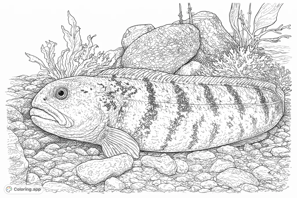 Dive into the depths with this highly detailed wolf fish coloring page. Explore intricate textures of marine life and rocky seabed.
