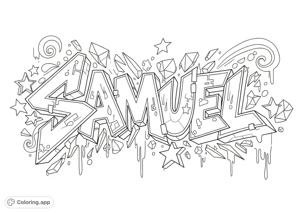 Color "Samuel" in a dynamic graffiti style, featuring bold letters, sharp angles, geometric shapes, stars, drips, and abstract swirls for a vibrant street art experience.