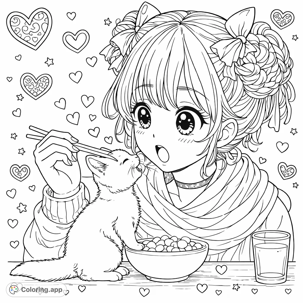 An anime-inspired girl with characteristic eyes and expressions lovingly feeds a fluffy kitten. Features decorative heart patterns for a charming, heartwarming scene.