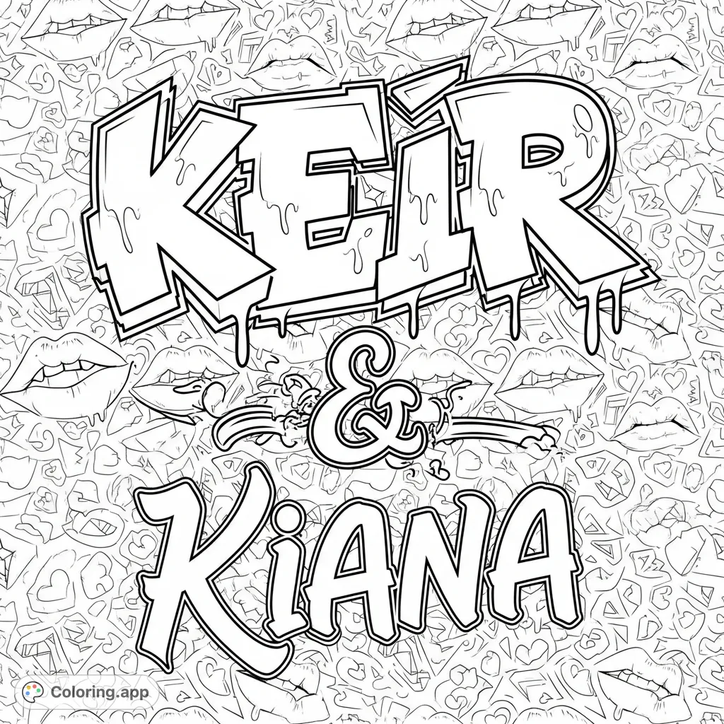 Dynamic graffiti art featuring the names "Eric" and "Bessie" with bold lettering and an intricate background of lips, hearts, and kiss marks.