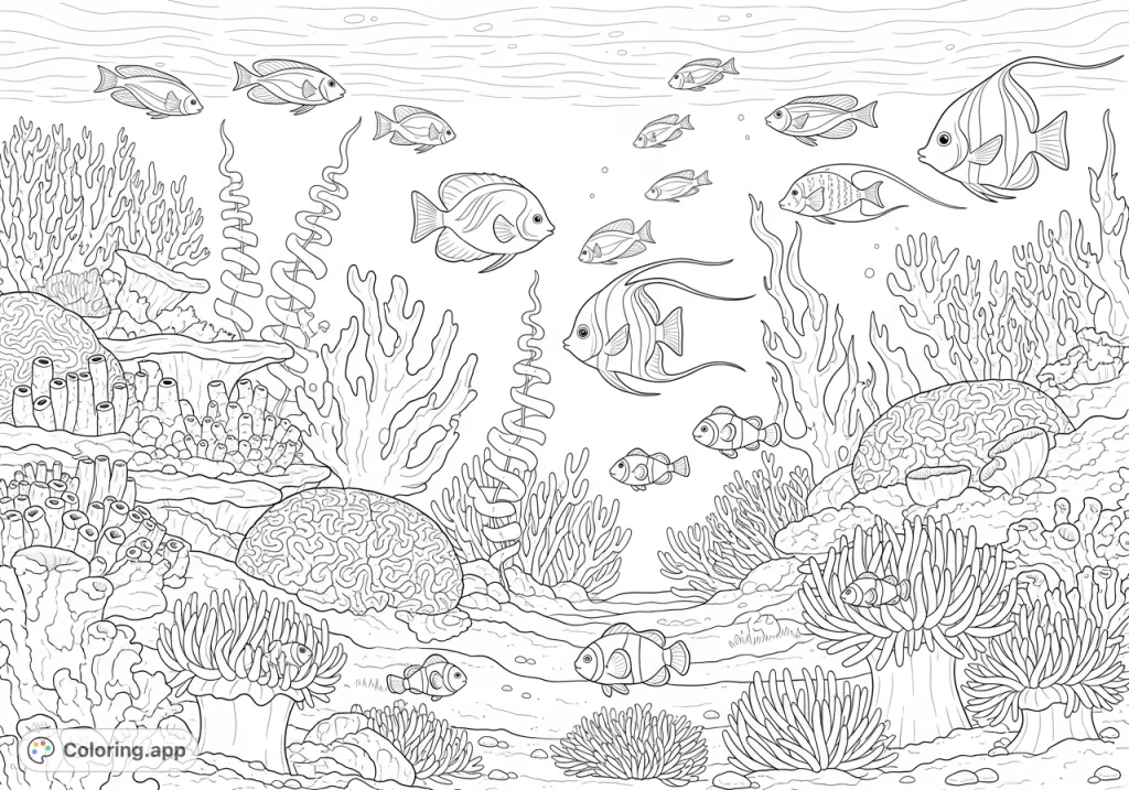 Explore a detailed coral reef scene with diverse corals, tropical fish, and swaying sea plants, offering an intricate coloring adventure.