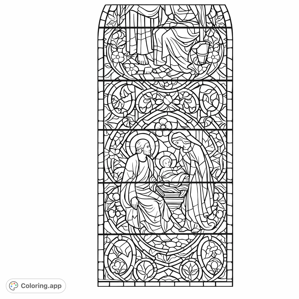 Explore an intricate stained glass window coloring page depicting biblical figures and symbolic motifs within an ornate framework. A detailed artistic challenge.