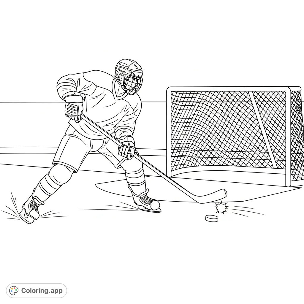 Dynamic hockey player coloring page featuring a powerful shot towards the net. Perfect for sports fans, capturing the thrill of the game.
