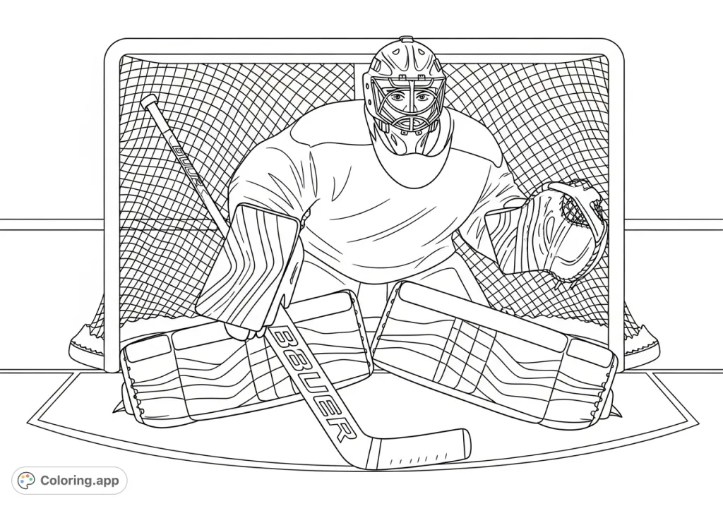 A dynamic hockey goalie coloring page depicting a player in full gear, poised in front of the net, ready to defend. Perfect for sports fans.