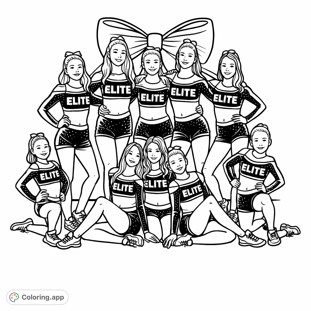 An energetic cheerleading squad poses for a team photo, showcasing their uniforms and athletic spirit. Perfect for aspiring cheerleaders and sports fans.