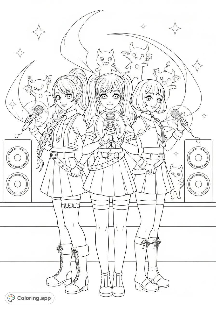 Three young idol demon hunters stand confidently on stage with glowing wand-mics, ready to face cute mini demons with music and magic in this dynamic coloring page.