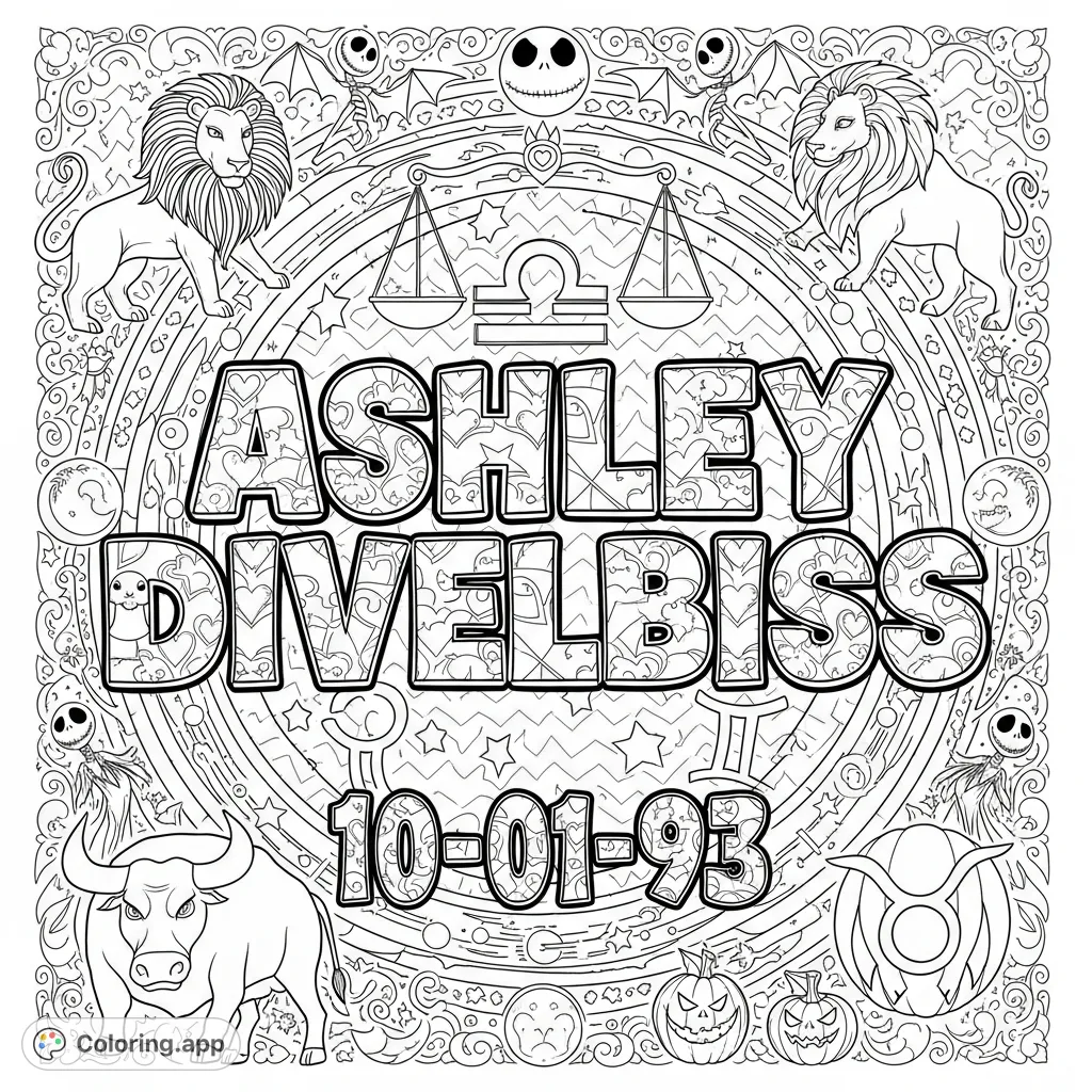 A unique Ashley Divelbiss coloring page featuring a Libra zodiac theme blended with Nightmare Before Christmas elements, personalized with a birth date and various zodiac symbols.