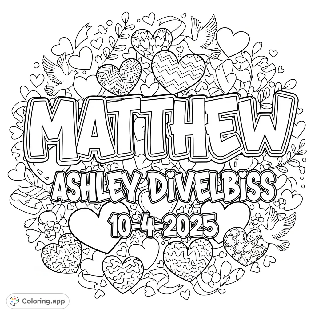 Bold graffiti names 'Matthew and Ashley Divelbiss' with '10-4-2025' on a background of swirling hearts and romantic motifs. A unique personal tribute to color.