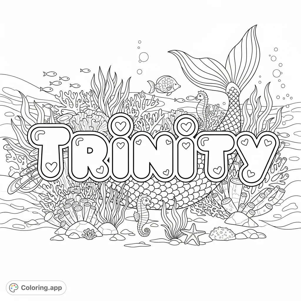 A whimsical "Trinity" name in playful bubble letters, set against a magical underwater mermaid theme background with enchanting ocean creatures and coral formations.