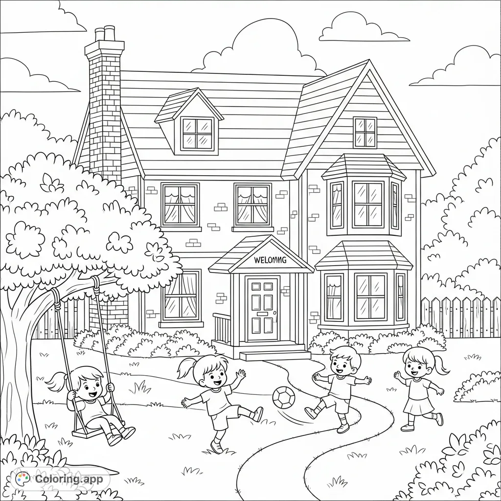 A delightful coloring page featuring a cozy house and joyful children playing in the yard. Perfect for fostering creativity and imagination.