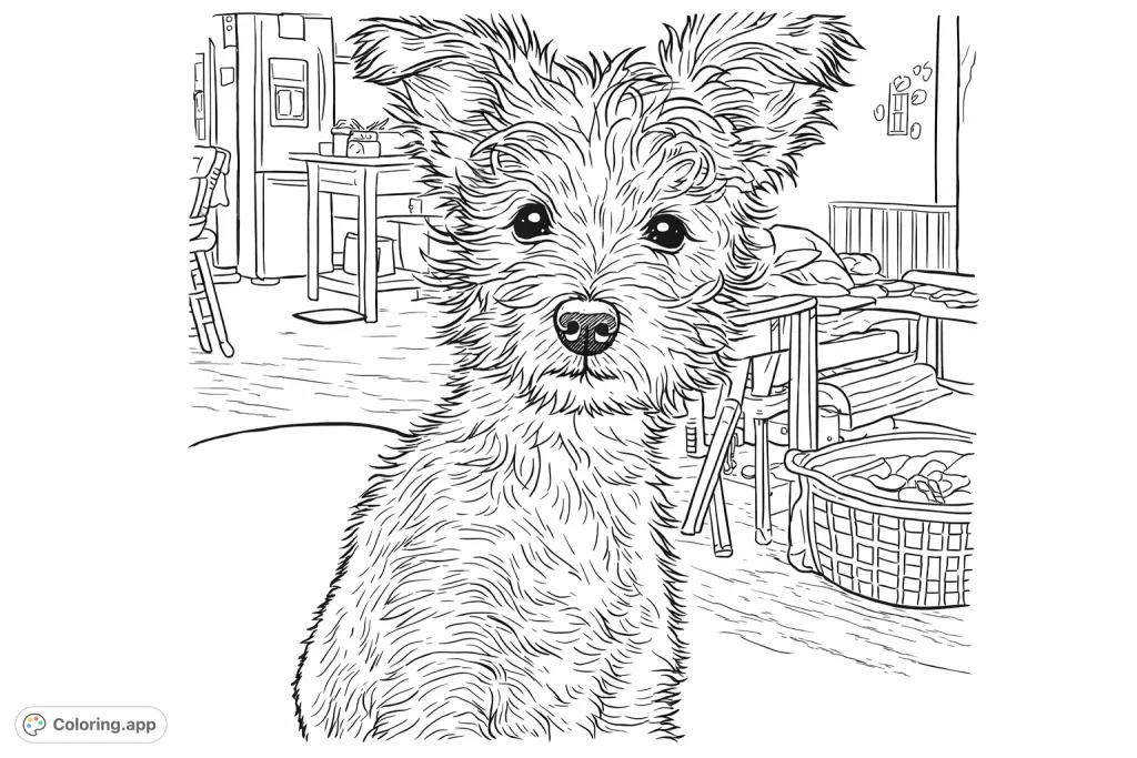 A charming shaggy-haired dog with an expressive face looks directly forward, perched on a soft surface in a cozy indoor setting. Perfect for dog lovers!