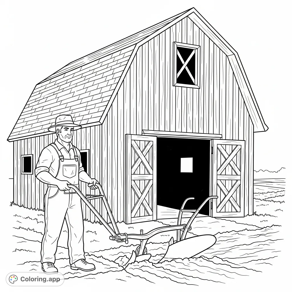 A sturdy farmer works with a plow next to a classic wooden barn. This farm scene offers a charming glimpse into agricultural life.
