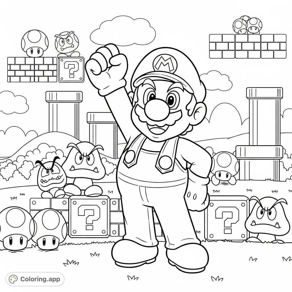 Join Super Mario on an exciting Mushroom Kingdom adventure! This Super Mario coloring page features iconic characters and elements, perfect for fans.