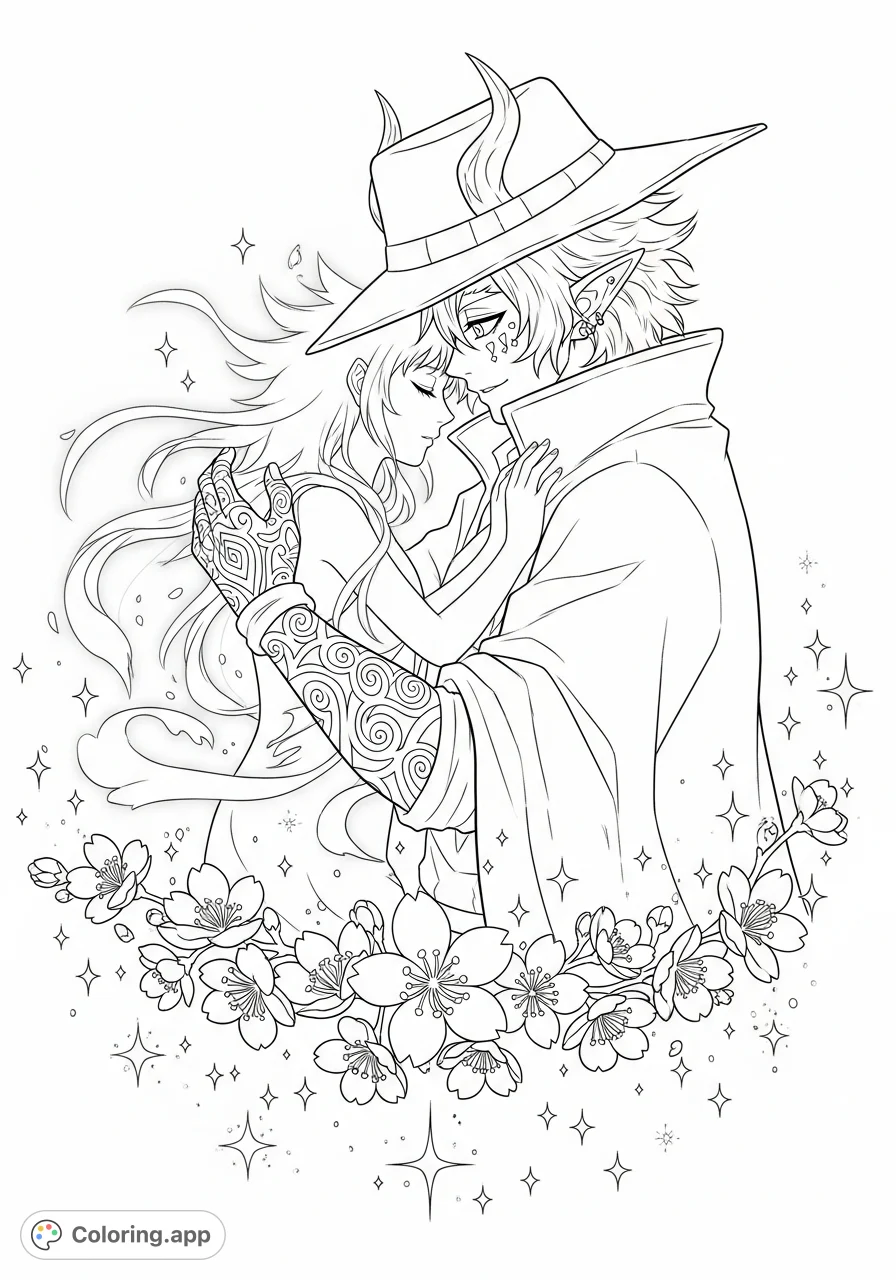 A demon in a wide-brimmed hat embraces a flowing ethereal spirit amidst delicate cherry blossoms and sparkling elements. A mystical scene for creative coloring.