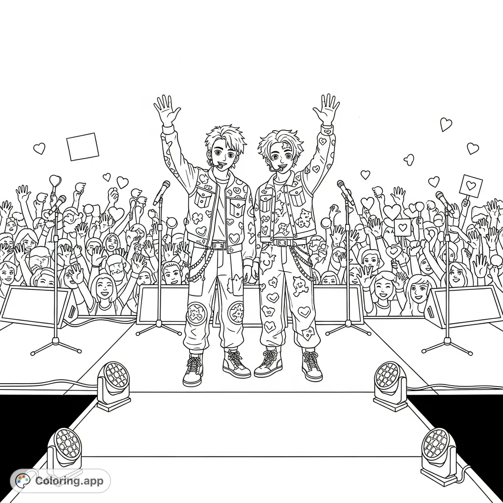 Color this Kpop Demon Hunters concert scene! HUNRIX and Bobby on stage, waving to an energetic crowd of fans with light sticks.