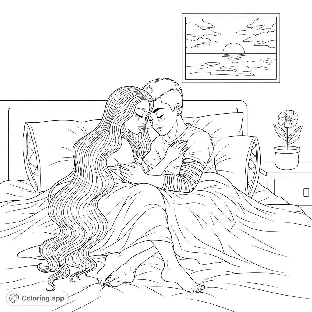 An intimate scene depicting a couple, a woman with floor-length hair and a man with a two-block haircut, closely intertwined in bed, exuding deep closeness.