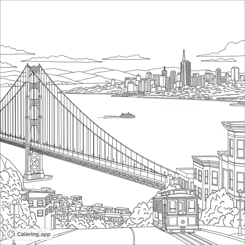 Capture the iconic beauty of the San Francisco Bay Area. Featuring the majestic Golden Gate Bridge and the vibrant city skyline, this page is perfect for all ages.