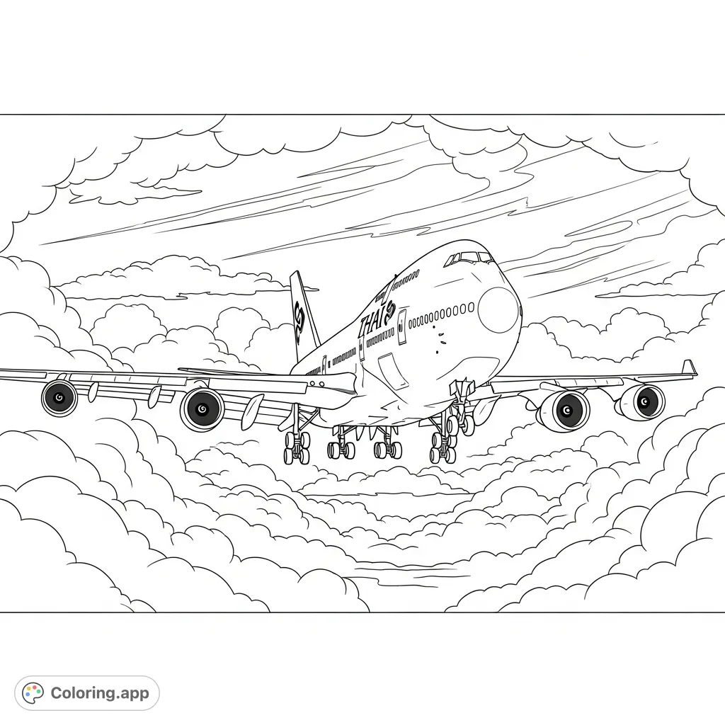 A majestic Thai Airways 747-400 navigates a stormy night sky, battling strong winds and dense fog. Experience the drama of aviation in this thrilling page.