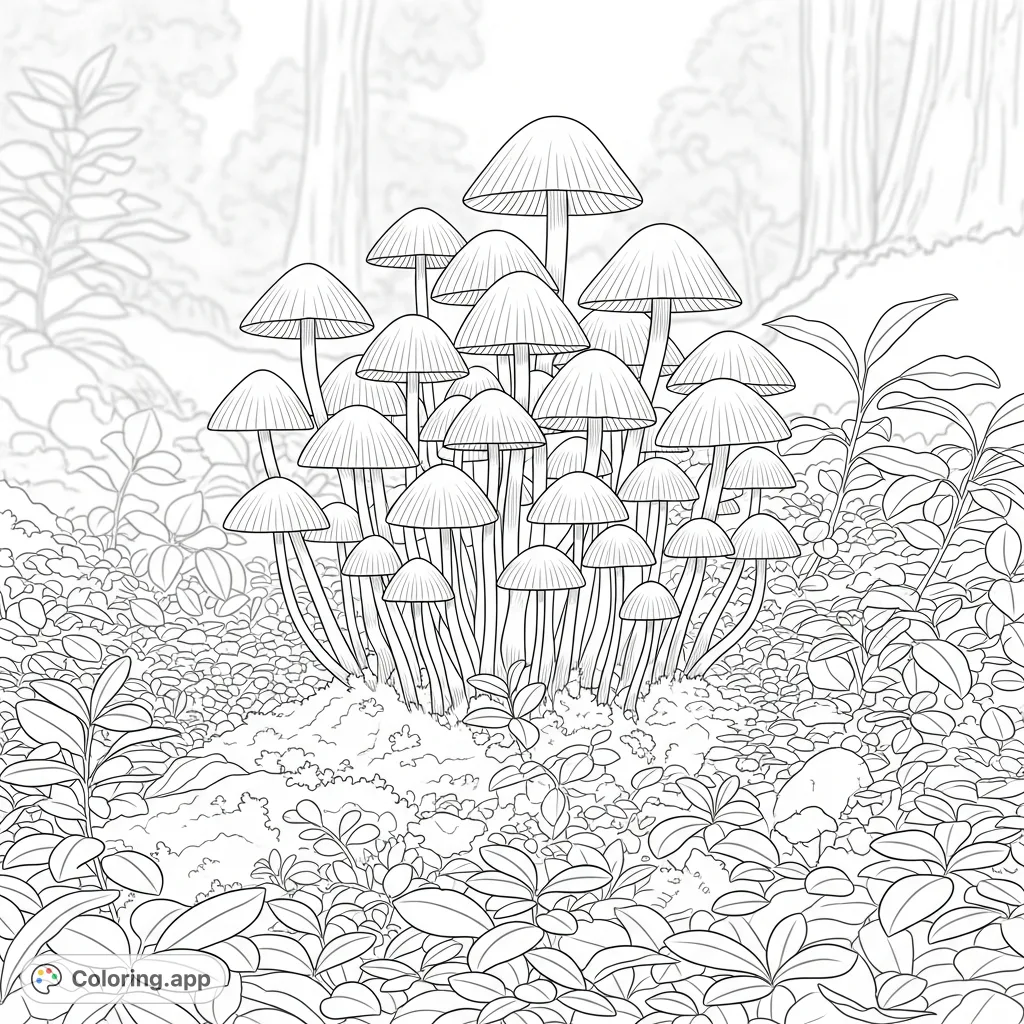 Explore a detailed forest floor coloring page featuring a dense cluster of tiny mushrooms emerging from soft moss and delicate forest plants.