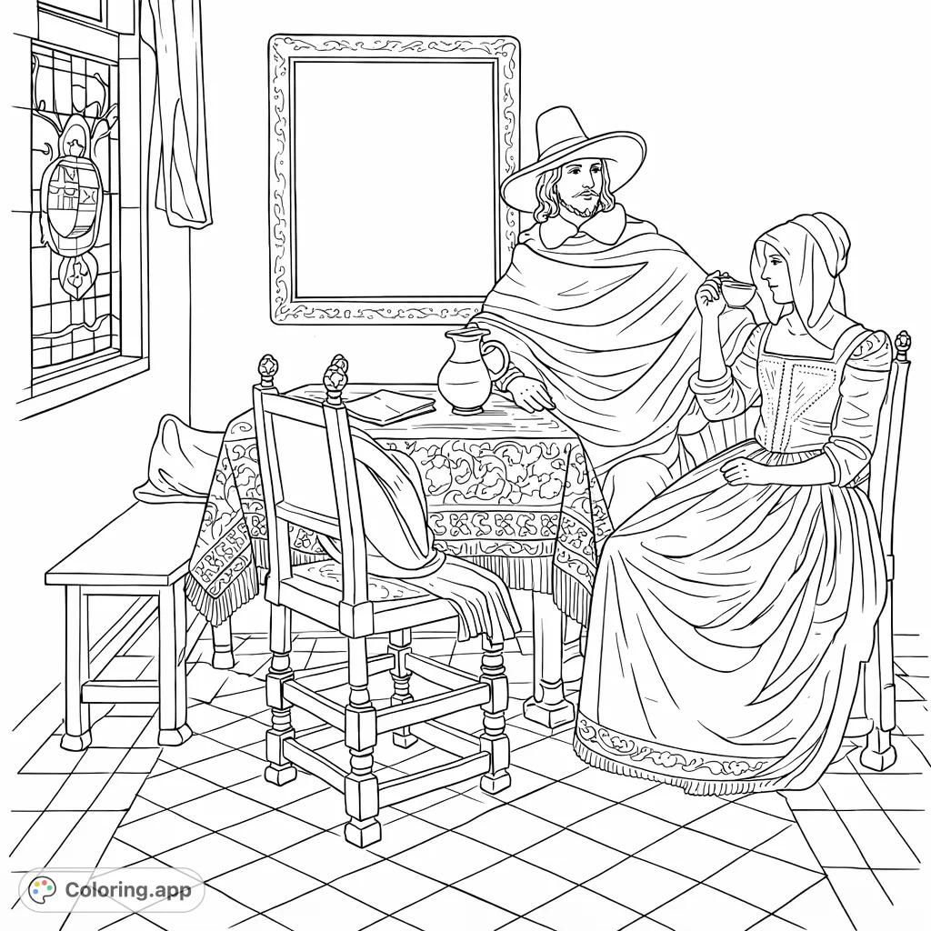 Capture a classic indoor scene with a lady and a gentleman engaged in conversation. Detailed attire, ornate furnishings, and intricate window patterns await your creative touch.