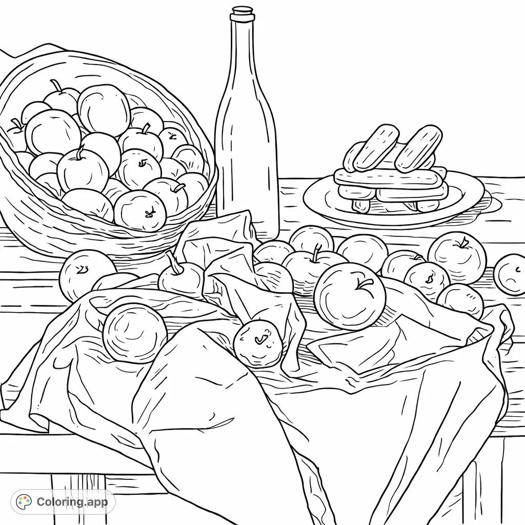A classic still life coloring page featuring a bowl of fruits, a bottle, pastries, and draped cloth, offering a sophisticated and engaging artistic challenge.